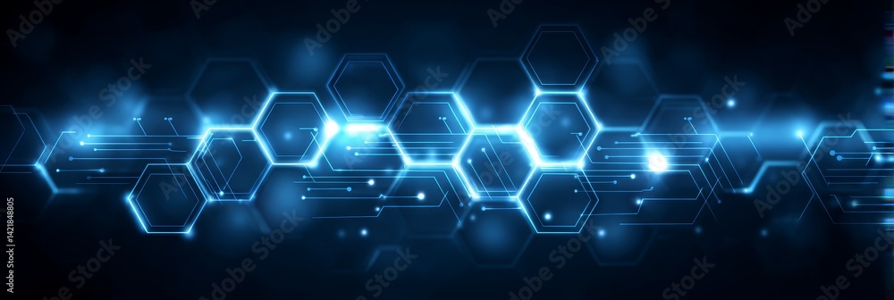 Aufkleber network hexagon pattern - abstract blue glowing hexagon pattern on dark background, representing tec