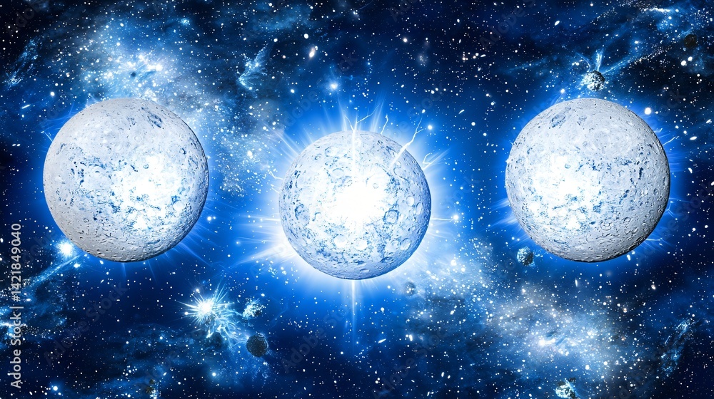 Poster enchanting space scene featuring a majestic moon against a cosmic background with floating asteroids
