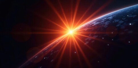 Naklejka premium Intense sunburst digital flare, iridescent glow over black , sunburst, cosmic