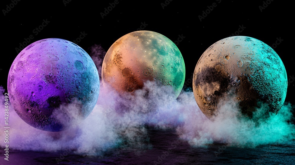 Poster spectacular night sky displaying three distant planets amidst atmospheric fog creating a stunning co