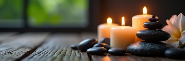 Close-up of candles, oils, and stones Spa relaxation , wellness products, spa