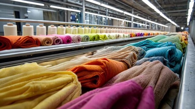 A vibrant array of colorful fabrics in a textile manufacturing setting.