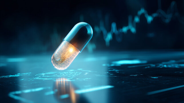 Pharmaceutical capsule for approval with data graph background in blue technology style concept 3d render