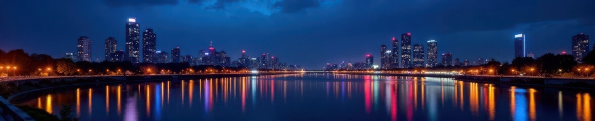 Night cityscape glowing, illuminated buildings reflect in river , night, city lights