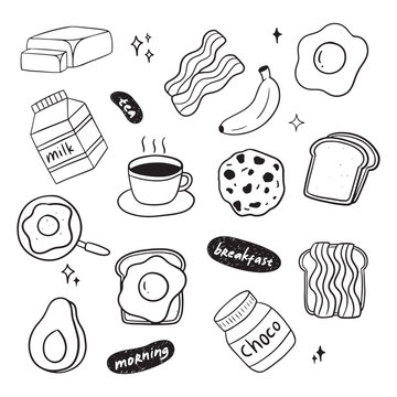 hand drawn doodle breakfast food icons set
