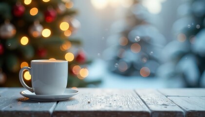 Obraz premium White tabletop, warm bokeh Christmas lights, snowy backdrop Product display mock-up , celebration, image