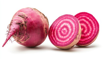 Beetroot whole and slices on white background, fresh root vegetable, studio shot