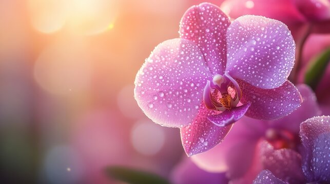Vibrant pink orchids with dew drops, bathed in golden sunlight.  Close-up of delicate blooms