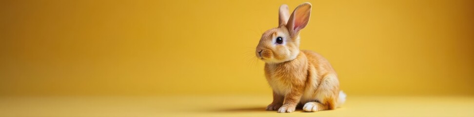 Fototapeta premium Adorable orange bunny rabbit sits upright, front view , sweet, mammal