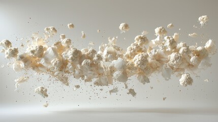 Cauliflower pieces in motion against a neutral background. Food photography, abstract, healthy eating, potential use for cookbook or recipe
