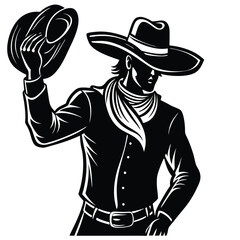 Black and White Cowboy Illustration: Western Hero Tipping Hat, Vintage Style Graphic of a Rancher with Scarf and Wide Brim Hat