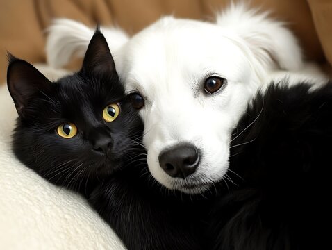 A black cat and white dog are cuddling together peacefully