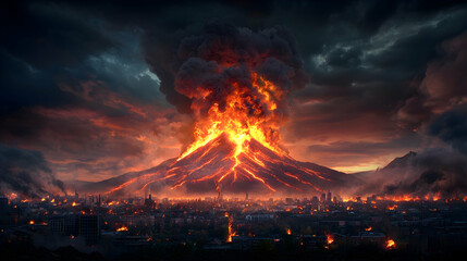 Fiery Volcanic Eruption at Night Devastating Cityscape