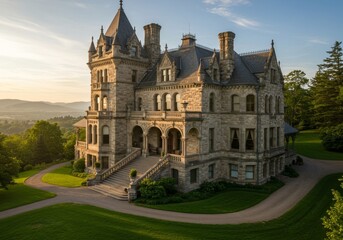 Obraz premium Majestic stone mansion with lush green landscape at the golden hour glow