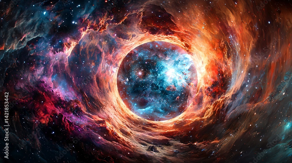 Poster mesmerizing nebula featuring a striking blue center surrounded by colorful cosmic elements creating 