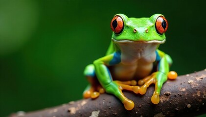 Fototapeta premium Green tree frog perched on white, vibrant skin details, frog photography, background