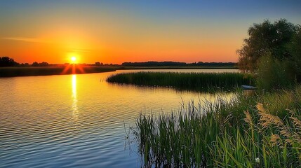 Obraz premium Serene sunset over calm river, boat near reeds.