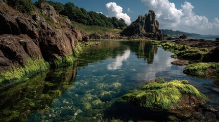 Fototapeta premium Coastal rock pool, clear water, lush