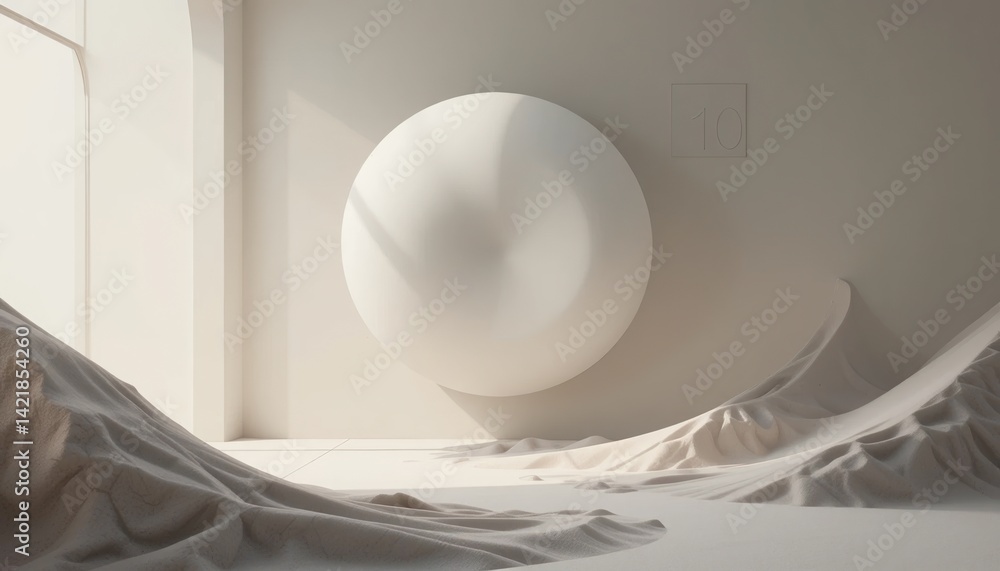 Poster abstract circular design and flowing textiles minimalist studio setting visual art installation sere