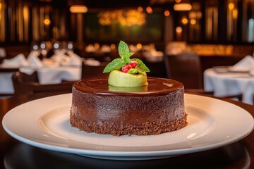 Chocolate dessert with mint and fruit