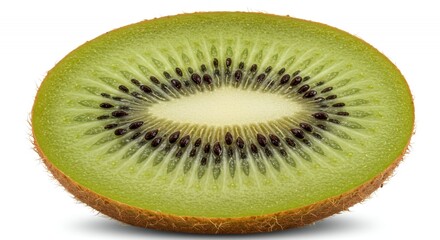 Botanical Close Up of Sliced Kiwifruit Actinidia Deliciosa Highlighting Seed Texture and Vibrant Green Flesh Isolated on a White Background Showcasing Freshness
