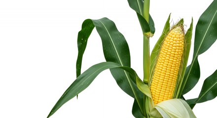 Obraz premium Botanical Corn Detailed View Isolated on White Showcasing Yellow Kernels and Green Leaves Agricultural Focus for Education and Decoration