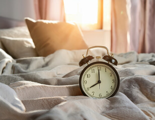 The alarm clock on the bed has a bright light in the morning.