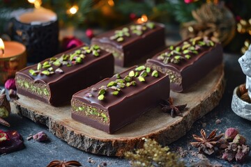 Chocolate pistachio bars on wooden board