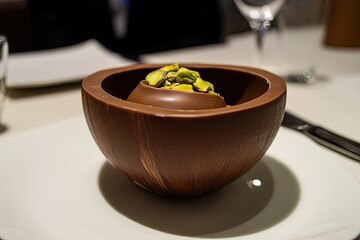 Chocolate dessert bowl with pistachios