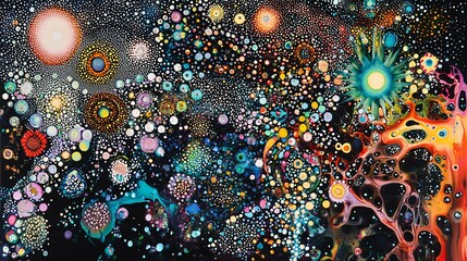 Abstract cosmic illustration with colorful shapes and intricate details