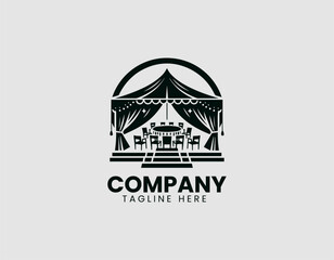 Minimalist Event Tent Silhouette Table Chairs Vector Logo Design, Simple Event Tent Table Chairs Silhouette Logo