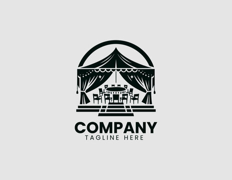 Minimalist Event Tent Silhouette Table Chairs Vector Logo Design, Simple Event Tent Table Chairs Silhouette Logo