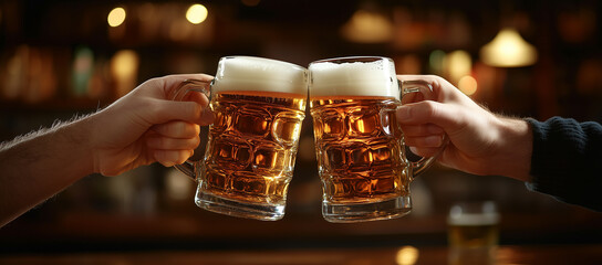 Two beer mugs clinking together in a celebratory toast