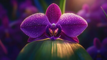 Obraz na płótnie Canvas Vibrant purple orchid in focus, glistening with dew drops