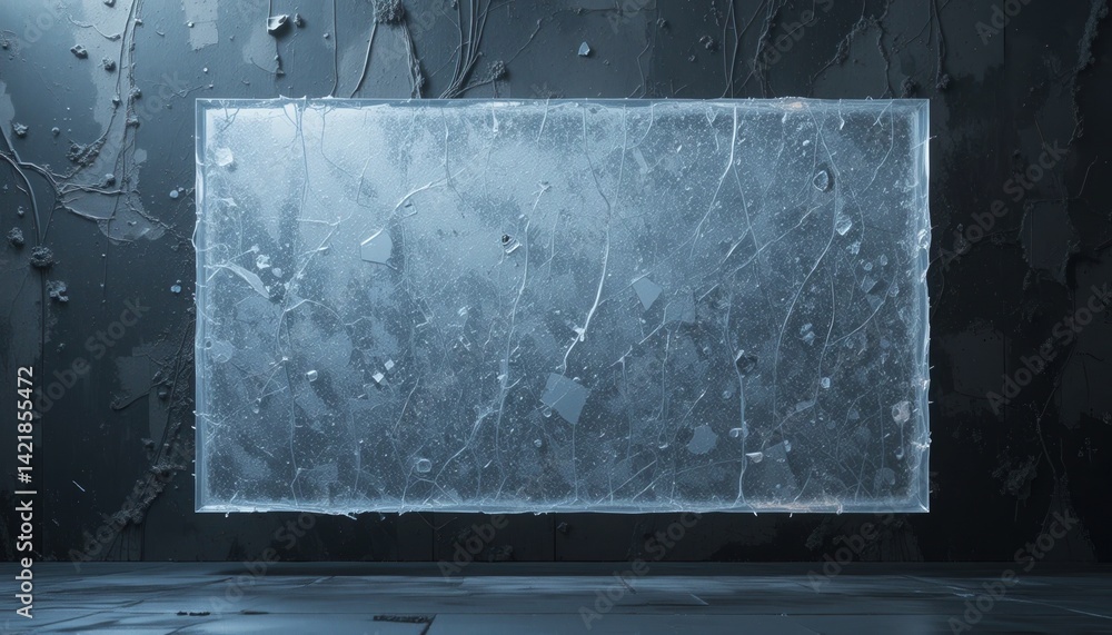 Poster artistic display of an ice-like frame in a dark industrial space digital artwork minimalist design c