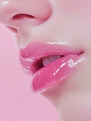 Close up of lush pink lips on a soft blurred background highlighting beauty and care with emphasis on softness and sensuality
