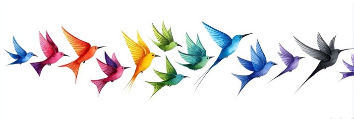 Rainbow Birds in Flight Watercolor Painting - A vibrant watercolor artwork depicting a flock of colorful birds in flight, symbolizing freedom, joy, unity, hope, and nature's beauty