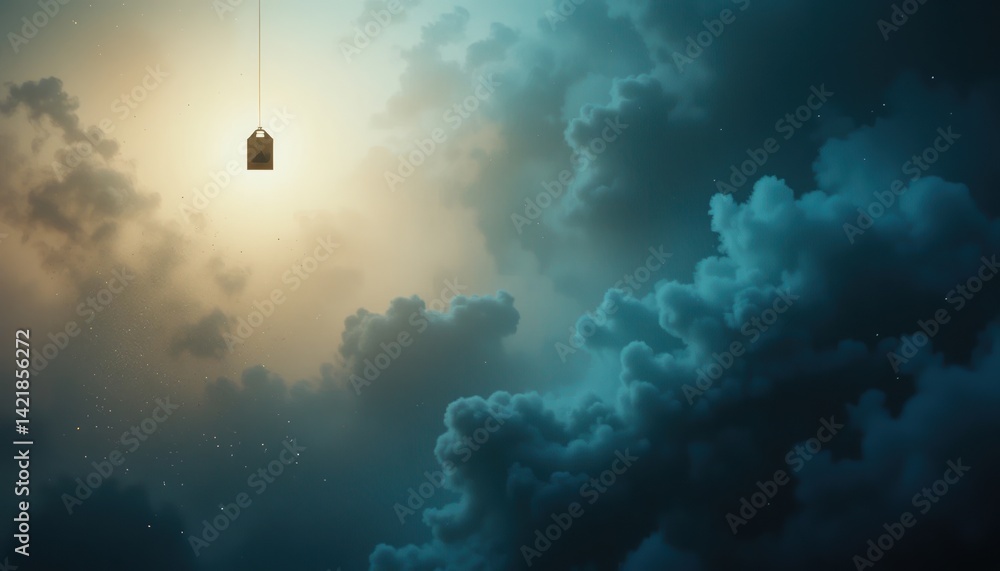 Poster ethereal light illuminating a floating lantern in a dreamy cloudscape surreal environment atmospheri