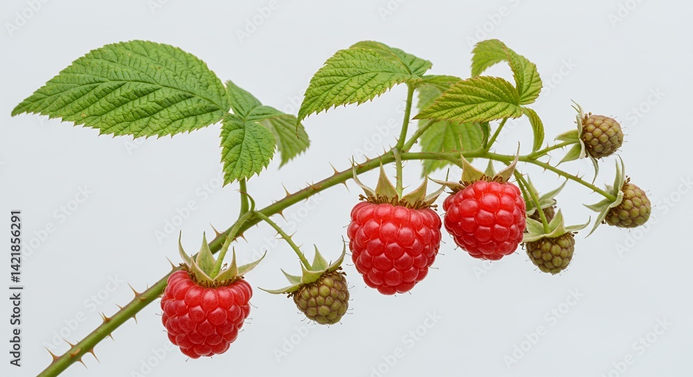 Poster detailed botanical close up of raspberry rubus idaeus highlighting thorny stems and aggregate fruits