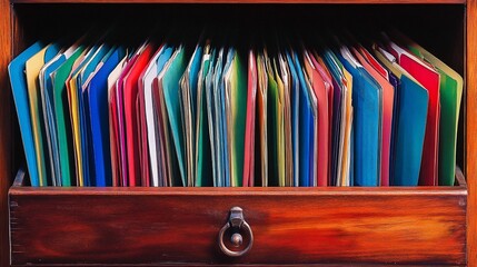 Vibrant display of colorful file folders inside a wooden drawer cabinet