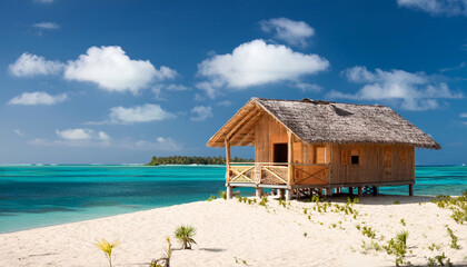Beautiful cute little wooden cabin bungalow style on a white sandy beach with the turquoise colored ocean water as background