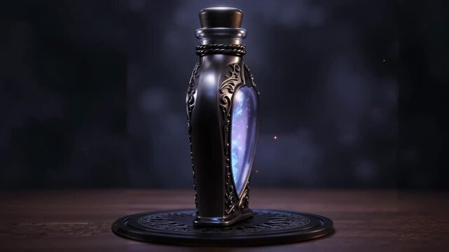 Dark ornate potion bottle with a shimmering purple interior on a carved stand