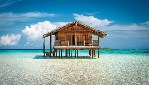 Beautiful cute little wooden cabin bungalow style on a white sandy beach with the turquoise colored ocean water as background