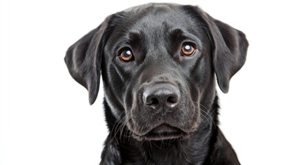 Portrait of a black Labrador Retriever with shiny fur, looking directly at the camera, isolated on a white background.