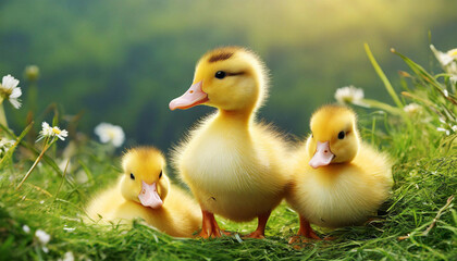 Cute little yellow and black ducklings with a beautiful background scenery