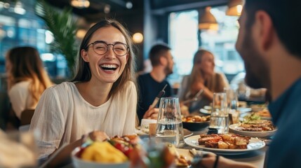 Joyful lunch gathering friends enjoying meal cheerful moments togetherness
