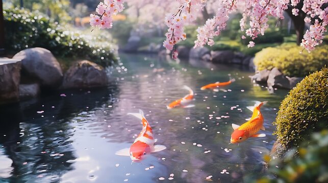 A tranquil Japanese garden in spring koi fish