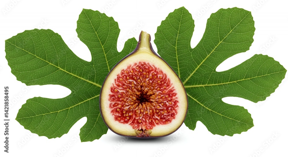 Poster detailed botanical real shot isolated white of fig ficus carica showing fruit structure and leaf sha