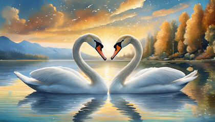 A beautiful swan couple in love on a lake forming a heart symbol with their bodies reflecting in the water