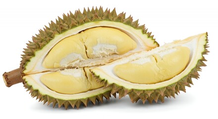 Detailed Botanical Real Shot Isolated White of Durian Durio Zibethinus Highlighting Spiky Exterior and Seed Arrangement in High Resolution